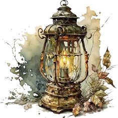 a watercolor painting of an old fashioned lantern