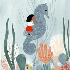 Kate Pugsley, Underwater Birthday, Feather Cards, Sea Illustration, Mermaid Dreams, Childrens Illustrations, Gouache Painting, Children Illustration