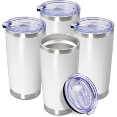 three stainless steel tumblers with lids are shown