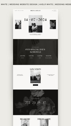 the wedding website is displayed in black and white