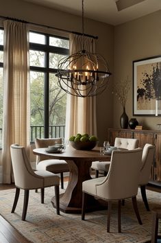 a dining room table with chairs and a chandelier hanging from it's ceiling