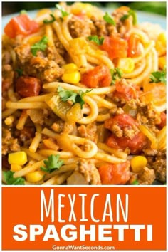 mexican spaghetti with corn and tomatoes in a white bowl on an orange background text overlay reads