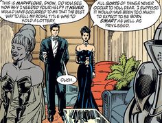 a comic strip with an image of two people in formal attire talking to each other