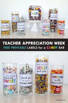 teacher appreciation week free printable labels for a candy bar with lots of candies