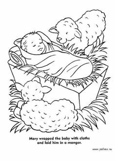 a baby jesus in a manger with sheeps and clouds coloring page for kids