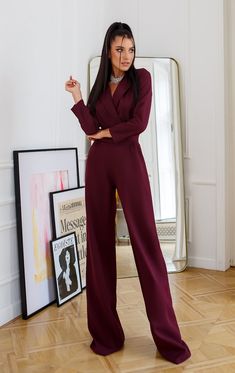 Fabric: Crepe Cotton 65%, Polyester 35% Notched lapels Long sleeves Wide-leg Pants length (inseam): 95cm/ 37.5in Burgundy Pantsuit Women, Formal Jumpsuit Long Sleeve, Powersuits Women, Burgundy Monochrome Outfit, Burgundy Pantsuit, Graduation Jumpsuit Outfit, Dark Red Jumpsuit, Bordeaux Outfit, Jumpsuit Ideas