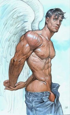 a drawing of a man with an angel wings on his back, and blue jeans