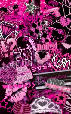 pink and black wallpaper with lots of stickers