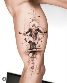 a man's leg with a tattoo on it and an image of a person holding a