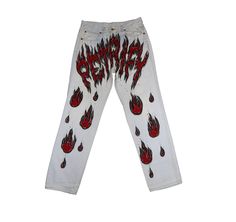 Vintage denim pants are hand painted in acrylics 1/1 Size 33 / Men's M / Women's M/L measurements: Waist- 84 cm / 33 inches Hips- 110 cm / 43 inches Inseam - 79 cm / 31 inches Recommended hand wash Men Painted Jeans, Painted Pants Y2k, Flame Painted Jeans, Alt Painted Jeans, Flame Pants, Hand Painted Denim Jeans For Streetwear, Beige Cargo Pants, Black Denim Pants, Diy Fashion Hacks