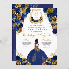 an elegant quinceauera birthday party with blue and gold flowers