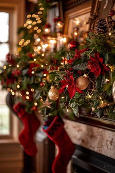 christmas wreath with red and gold ornaments hanging from it's sides in front of a fireplace