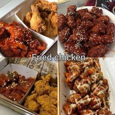 four different types of fried chicken in trays on a table with the words fried chicken written above them