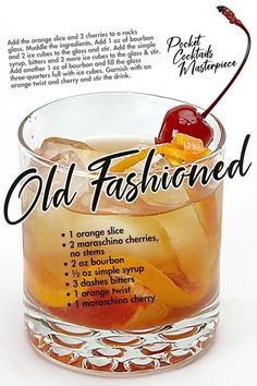 an old fashioned cocktail with orange slices and cherries