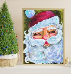 a painting of santa claus next to a small christmas tree and potted pine tree