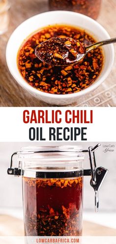 garlic chili oil recipe in a jar with spoon