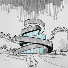 a drawing of a spiral staircase in the middle of a field with trees and clouds