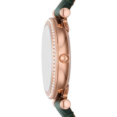 The Carlie from Fossil in deep green is a sophisticated style choice. 28mm rose gold-tone stainless steel case Green sunray dial with rose gold-tone accents, three-hand movement, and a mix of Roman numeral and stick markers Green LiteHide™ leather strap Fossil Carlie Mini Watch, Kays Engagement Ring, Gold Layered Bracelets, Pearl Diamond Jewelry, Cross Jewelry Necklace, Fan Jewelry, Men's Watches Luxury, Diamond Wedding Rings Sets, Fossil Watches