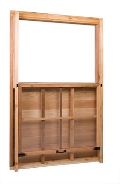 a wooden shelf with several compartments on each side and one section open to show the contents