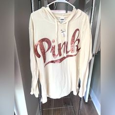 Cream Color “Pink” Shirt With Rose Gold Sequins Long Sleeve Pink Shirt, Hot Pink Sweatshirt, Victoria Secret Pink Sweatshirts, Pink Hoodie Victoria Secret, Pink Activewear, Yellow Hoodie, Tops Long Sleeve, Womens Crewneck, Gold Sequins