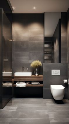 a modern bathroom with two sinks and a toilet