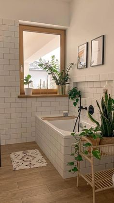 a bathroom with a tub, toilet and plants in it