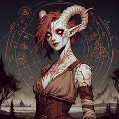 an image of a woman with horns and tattoos on her face, standing in front of a