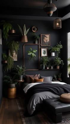 a bedroom with black walls and lots of potted plants