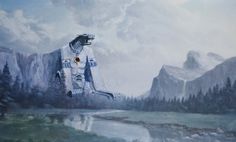 a painting of a man standing in front of a mountain