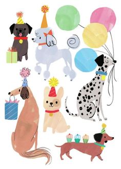 dogs with birthday hats and gifts on their heads are surrounded by balloons, gift boxes, and party hats