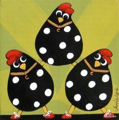 three black and white polka dot chickens on a green background, with one red rooster in the center