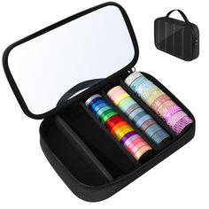 an open black case filled with different colored tapes