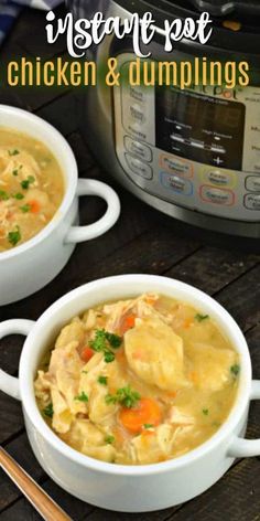 two white bowls filled with chicken and dumplings next to an instant pot