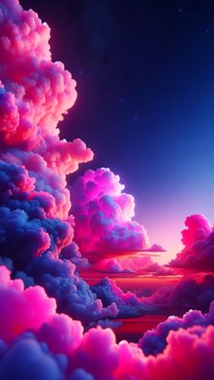 the sky is filled with pink clouds and purple stars in the distance, as well as blue