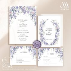 wedding stationery set with lavender flowers and monogrammed text on the front cover