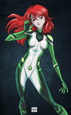 a woman in green and white costume with long red hair standing on a black background