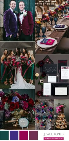 a collage of photos with different colors and wedding details in them, including the bride and groom