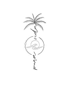 a black and white drawing of a palm tree with the word hawaii written in it