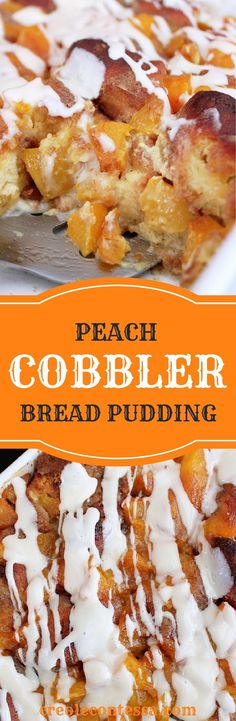 peach cobbler bread pudding on a white plate with orange and white lettering overlay