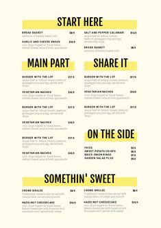 a menu with yellow and black text on it