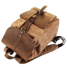 a brown leather backpack sitting on top of a white background