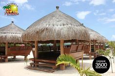 an image of a gazebo on the beach with benches and palm trees in the background