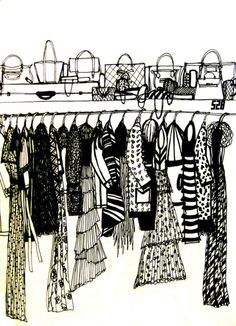 black and white drawing of clothes hanging on a rack with purses in the background