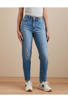 Stretch | Mid-weight structured denim with just enough stretch for everyday comfort/True jean-like fabric that holds its shape/An average of 2 recycled bottles used per jean! True Jeans, Mom Jean, Recycled Bottles, Women's Jeans, American Eagle Outfitters, Mom Jeans, American Eagle, Women Jeans, Fabric