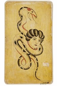 an image of a woman with a snake on her shoulder and head in the shape of a snake