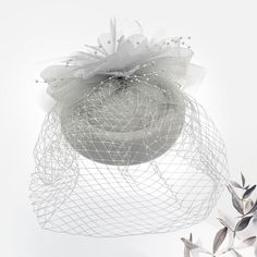 Floral Pearl Mesh Fascinator Style: 598801 Color: Silver Theme: Flower & Leaf, Pearl Size: 7" X 7.5" Dual: Hair Pinch Clip / Headband Silver Theme, Floral Ribbon, Pearl Size, Fascinator, Floral, Silver, Color