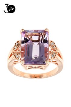 6.04ct emerald cut Lavender Amethyst with .05ctw round white diamond accent, 18k rose gold over sterling silver ring. Measures approximately .68"L X .59"W. Not sizeable. Finished under gallery. Fine Jewelry Amethyst Ring With Diamond Accents, Fine Jewelry Amethyst Ring In Rose Gold, Rose Gold Amethyst Ring Fine Jewelry, Amethyst Diamond Ring In Rose Gold, Rose Gold Amethyst Ring With Gemstone Accents, Rose Gold Cubic Zirconia Rings With Gemstone Accents, Lavender Amethyst, 18k Rose Gold, Emerald Cut