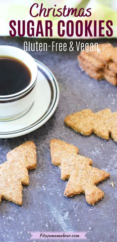 christmas sugar cookies on a cookie sheet with a cup of coffee in the background and text overlay that reads, christmas sugar cookies gluten - free & vegan