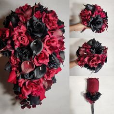 two pictures of the same bridal bouquet with red and black flowers