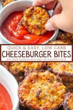 a hand dipping cheeseburger bites into a bowl of tomato sauce with the words quick and easy low carb cheeseburger bites